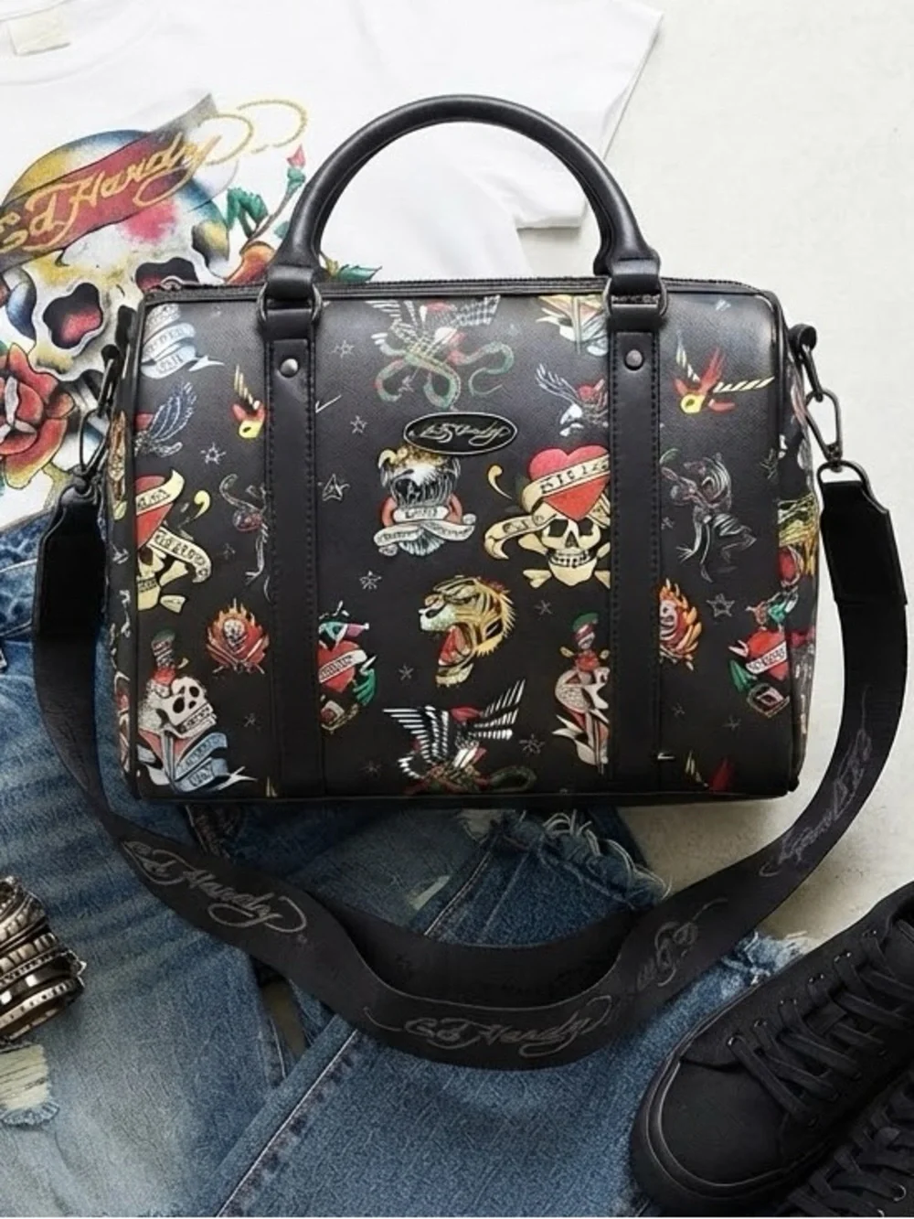 Ed Hardy Black Tattoo Flash Print Satchel Crossbody Bag Street Style Whimsygoth